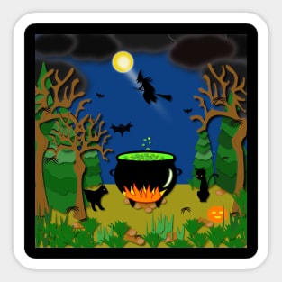 Scary, spooky, creepy, halloween with cauldron, spiders, bats, cats and a black witch on a broom stick Sticker